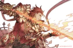 Rule 34 | 1boy, bad id, bad pixiv id, black gloves, flaming sword, flaming weapon, gloves, granblue fantasy, holding, holding sword, holding weapon, male focus, percival (granblue fantasy), red hair, someta ni, sword, twitter username, upper body, weapon, white background