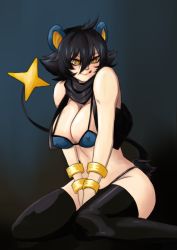 Rule 34 | 1girl, :q, animal ears, between legs, bikini, black hair, black thighhighs, breasts, cleavage, covered erect nipples, creatures (company), female focus, game freak, gen 4 pokemon, gradient background, hair between eyes, hand between legs, highres, large breasts, licking lips, luxio, nintendo, ohkuu, personification, pokemon, scarf, short hair, sitting, solo, strap gap, swimsuit, tail, thighhighs, tongue, tongue out, tsurime, vest, wariza, yellow eyes