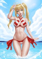 Rule 34 | 1girl, ahoge, blonde hair, blush, breasts, cleavage, collarbone, day, fate (series), green eyes, highres, large breasts, looking at viewer, navel, nero claudius (fate), nero claudius (fate) (all), nero claudius (swimsuit caster) (fate), open mouth, outdoors, partially submerged, smile, solo, standing, suicuneart, v, wading, water, wet
