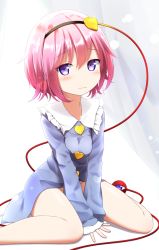 Rule 34 | 1girl, backlighting, bare legs, barefoot, blouse, blue eyes, blue shirt, blush, bottomless, check commentary, commentary request, frilled shirt collar, frills, hairband, highres, komeiji satori, light smile, pink hair, shirt, short hair, sitting, solo, third eye, touhou, v arms, wariza, yuuforia