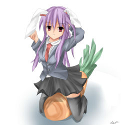 Rule 34 | 1girl, animal ears, bad id, bad pixiv id, carrot, defined (pixiv), female focus, full body, gradient background, long hair, purple hair, rabbit ears, reisen udongein inaba, skirt, solo, thighhighs, touhou, white background