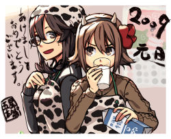 Rule 34 | 2girls, animal print, cow print, glasses, itsutsu, milk, multiple girls