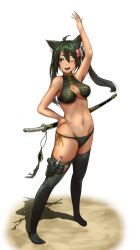 Rule 34 | 1girl, ;3, ;d, animal ears, arm up, black thighhighs, blush, breasts, cat ears, character request, green eyes, green hair, hand on own hip, highres, holster, long hair, navel, no shoes, one eye closed, open mouth, pekoneko, phantasy star, phantasy star online 2, simple background, smile, solo, standing, thigh holster, thighhighs, twintails, white background