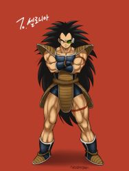 Rule 34 | 1boy, armor, black hair, crossed arms, dragon ball, dragonball z, full body, long hair, male focus, muscular, nestkeeper, raditz, red background, scouter, solo, spiked hair, standing