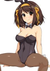 Rule 34 | 1girl, animal ears, arm support, bare shoulders, black bow, black bowtie, black leotard, blush, bow, bowtie, breasts, brown eyes, brown hair, brown pantyhose, cleavage, closed mouth, collarbone, commentary request, covered navel, detached collar, fake animal ears, feet out of frame, hairband, haruhisky, highres, invisible chair, leotard, looking at viewer, medium breasts, medium hair, orange hairband, pantyhose, playboy bunny, rabbit ears, sidelocks, simple background, sitting, smile, solo, spread legs, suzumiya haruhi, suzumiya haruhi no yuuutsu, swept bangs, white background, wrist cuffs