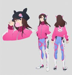 Rule 34 | 1girl, acronym, adapted costume, animal ears, animal hat, animal print, arms at sides, ass, badge, black hat, blowing bubbles, blue bodysuit, bodysuit, bodysuit under clothes, boots, brown eyes, brown hair, button badge, cabbie hat, chewing gum, clenched hands, cosplay, d.va (overwatch), emblem, facepaint, facial mark, fake animal ears, from behind, grey background, hand on headwear, hand up, hands in pockets, hat, hat ornament, headphones, jacket, legs apart, logo, long hair, long sleeves, looking at viewer, makeup, mascara, meadow (meadowlurking), neon genesis evangelion, one eye closed, overwatch, overwatch 1, parody, pink jacket, rabbit print, simple background, solo, souryuu asuka langley, souryuu asuka langley (cosplay), standing, thigh boots, thigh strap, thighhighs, track jacket, whisker markings, white footwear