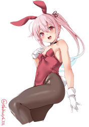 Rule 34 | 1girl, animal ears, black leotard, blue hair, blush, breasts, cowboy shot, ebifurya, fake animal ears, gloves, gradient hair, hair flaps, harusame (kancolle), highres, kantai collection, leotard, multicolored hair, open mouth, pantyhose, pink hair, playboy bunny, rabbit ears, rabbit girl, rabbit tail, red eyes, ribbon, side ponytail, simple background, small breasts, smile, solo, tail, twitter username, white background, white gloves