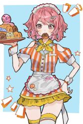Rule 34 | 1girl, apron, blush, dotabata cafe rec!! (project sekai), doughnut, employee uniform, fast food uniform, food, food in mouth, half updo, hand on own hip, highres, holding, holding tray, inu totemo, maid headdress, medium hair, momoi airi, pink eyes, pink hair, project sekai, red shirt, red skirt, shirt, short sleeves, skirt, solo, striped clothes, striped shirt, striped skirt, thighhighs, tray, twintails, uniform, vertical-striped clothes, vertical-striped shirt, vertical-striped skirt, white shirt, white skirt, white thighhighs