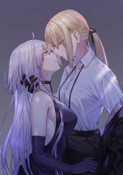 Rule 34 | 2girls, ahoge, artoria pendragon (all), artoria pendragon (fate), black ribbon, blonde hair, blouse, breasts, collared shirt, cowboy shot, dress, elbow gloves, fate/grand order, fate (series), gloves, grey background, hair ribbon, highres, imminent kiss, jeanne d&#039;arc (fate), jeanne d&#039;arc alter (fate), jeanne d&#039;arc alter (ver. shinjuku 1999) (fate), large breasts, long hair, multiple girls, nipi27, official alternate costume, purple dress, purple gloves, ribbon, saber alter, shirt, short hair, silver hair, tsurime, very long hair, white shirt, wicked dragon witch ver. shinjuku 1999, yellow eyes, yuri