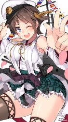 Rule 34 | 10s, 1girl, 2015, ;d, artist name, blue eyes, blush, boots, breasts, brown hair, dated, detached sleeves, female focus, flipped hair, hairband, hat, headgear, hiei (kancolle), highres, kantai collection, kuro chairo no neko, large breasts, looking at viewer, machinery, miniskirt, nontraditional miko, one eye closed, open mouth, peaked cap, pleated skirt, sarashi, short hair, simple background, skirt, smile, solo, thigh boots, thighhighs, white background