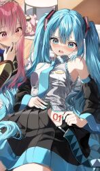 Rule 34 | 2girls, :o, black skirt, black sleeves, blue eyes, blue hair, blue nails, blue necktie, blush, breasts, character name, commentary request, detached sleeves, grey shirt, hair between eyes, hand to own mouth, hatsune miku, highres, indoors, long hair, long sleeves, lying, megurine luka, multiple girls, nail polish, necktie, on back, on bed, open clothes, open mouth, open skirt, parted lips, pentagon (railgun ky1206), pink hair, pleated skirt, purple eyes, shirt, skirt, sleeveless, sleeveless shirt, small breasts, sweat, takoluka, twintails, very long hair, vocaloid, wide sleeves