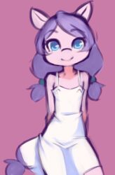 Rule 34 | 1girl, animal ears, blue eyes, collarbone, colored skin, drantyno, dress, horse ears, horse girl, horse tail, long hair, looking at viewer, low twintails, original, pink skin, purple background, purple hair, sleeveless, sleeveless dress, smile, standing, tail, twintails, white dress