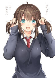Rule 34 | 1girl, :d, ahoge, black sweater, blue eyes, blush, breasts, brown hair, bunching hair, collared shirt, hair between eyes, hands up, highres, kurata rine, long hair, looking at viewer, medium breasts, necktie, open mouth, original, red necktie, shirt, simple background, smile, solo, sweater, translation request, twintails, upper body, white background, white shirt