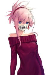 Rule 34 | 1girl, applekun, bare shoulders, blue eyes, breasts, earrings, facial mask, fate/grand order, fate (series), hair ornament, jewelry, long hair, looking at viewer, mask, medium breasts, miyamoto musashi (fate), mouth mask, off-shoulder sweater, off shoulder, pink hair, ponytail, red sweater, simple background, smile, solo, sweater, swept bangs, translation request, white background