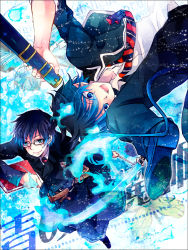 Rule 34 | 2boys, :o, ao no exorcist, belt, black jacket, brothers, buckle, coat, collarbone, flame-tipped tail, flaming sword, flaming weapon, highres, jacket, kokonoe miya, looking at viewer, male focus, multiple boys, necktie, okumura rin, okumura yukio, open clothes, open jacket, open mouth, pointy ears, red necktie, scabbard, sheath, shirt, siblings, white shirt