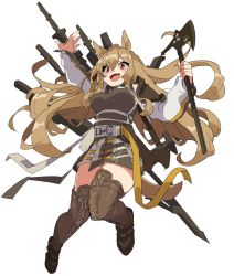 Rule 34 | 1girl, 6ndchan6, animal ears, ankle strap, arknights, axe, baggy clothes, boots, breasts, brown dress, brown footwear, buckle, ceobe (arknights), commentary request, dog ears, dog tail, dress, hair between eyes, highres, holding, holding weapon, jacket, large breasts, light brown hair, long hair, multicolored clothes, multicolored jacket, multiple straps, multiple swords, multiple weapons, open clothes, open jacket, red eyes, shoulder pads, sidelocks, snap-fit buckle, solo, staff, tail, thigh boots, thighhighs, very long hair, weapon
