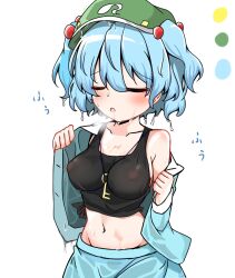 Rule 34 | 1girl, between breasts, black tank top, blue hair, blue skirt, blush, breasts, closed eyes, commentary request, covered erect nipples, cowboy shot, flat cap, hair between eyes, hair bobbles, hair ornament, hat, highres, hot, jewelry, kawashiro nitori, key, key necklace, large breasts, long bangs, long sleeves, midriff, navel, necklace, no bra, omugiri, open clothes, open mouth, open shirt, short hair, short twintails, simple background, skirt, skirt set, solo, sweat, tank top, touhou, twintails, two side up, white background