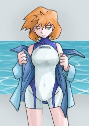 Rule 34 | 1girl, bare arms, blue one-piece swimsuit, breasts, competition swimsuit, cowboy shot, creatures (company), female focus, game freak, green eyes, hair between eyes, highres, jacket, legs, medium breasts, misty (pokemon), nintendo, one-piece swimsuit, one eye closed, orange hair, pocca melon, pokemon, pokemon gsc, short hair, solo, standing, swimsuit, thighs, white jacket