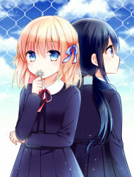Rule 34 | 2girls, arms at sides, back-to-back, black hair, black skirt, blonde hair, blue eyes, blue ribbon, brown hair, chain-link fence, cloud, cloudy sky, covering own mouth, day, fence, hair between eyes, hair ribbon, hand up, holding, long hair, long sleeves, looking afar, looking at viewer, low twintails, multiple girls, murasaki-neko, murasaki (murasakiiro no yoru), neck ribbon, original, outdoors, pleated skirt, purple eyes, red ribbon, ribbon, school uniform, short hair, sideways mouth, skirt, sky, sparkle, tress ribbon, twintails