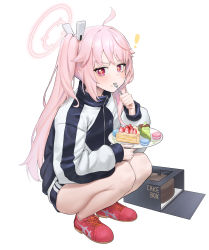 Rule 34 | !, + +, 1girl, absurdres, asymmetrical hair, bare legs, black jacket, black shorts, blue archive, box, cake, cake slice, eating, food, food on face, fork, full body, hair ornament, halo, high collar, highres, holding, holding fork, holding plate, ildy, jacket, light blush, long hair, long sleeves, looking at viewer, macaron, multicolored clothes, multicolored jacket, natsu (blue archive), official alternate costume, pink hair, plate, red eyes, red footwear, shoes, shorts, side ponytail, simple background, sneakers, solo, sportswear, squatting, track jacket, two-tone jacket, utensil in mouth, white background, white jacket