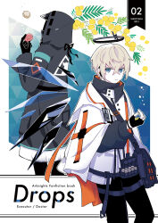 Rule 34 | 1boy, 1other, arknights, artist name, bag, black gloves, black jacket, black pants, blonde hair, blue background, blue eyes, commentary request, cover, cover page, doctor (arknights), english text, executor (arknights), facing away, feet out of frame, fingerless gloves, flower, flower request, food, frown, gloves, gradient background, halo, highres, holding, holding food, hood, hood up, hooded jacket, id card, jacket, looking at viewer, macaron, mask, pants, rhodes island logo (arknights), shirt, soppos, test tube, white background, white jacket, white shirt, wings, yellow flower