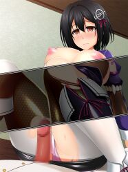 Rule 34 | 1boy, 1girl, black hair, black skirt, bob cut, breasts, breasts out, brown eyes, censored, corruption, cowgirl position, dark persona, erection, faceless, faceless male, haguro (kancolle), hair ornament, indoors, kantai collection, large breasts, military, military uniform, militia minpei, mosaic censoring, panties, pantyhose, pencil skirt, penis, pink panties, puffy nipples, skirt, straddling, tattoo, tearing up, torn clothes, torn pantyhose, underwear, uniform, white pantyhose
