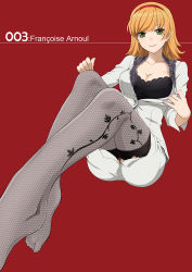 Rule 34 | 009 re:cyborg, 10s, 1girl, black bra, blonde hair, bra, breasts, character name, cleavage, cyborg 009, feet, fishnet thighhighs, fishnets, floral print, foot focus, foreshortening, francoise arnoul, green eyes, hairband, highres, long hair, looking at viewer, plantar flexion, prime, print thighhighs, red background, simple background, smile, solo, thighhighs, underwear