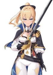 Rule 34 | 1girl, black bow, blonde hair, blue eyes, blush, bow, cape, comradlevy, cowboy shot, genshin impact, gloves, hair bow, half-closed eyes, highres, holding, holding weapon, jean (genshin impact), pants, ponytail, simple background, smile, solo, sword, weapon, white background, white pants