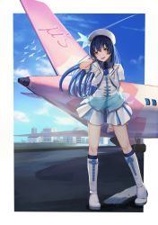 Rule 34 | 1girl, aircraft, airplane, arm up, arms behind back, blue hair, blue sky, blush, boots, commentary request, day, earrings, fingerless gloves, full body, gloves, group name, hair between eyes, hand in own hair, hat, highres, jewelry, long hair, looking at viewer, love live!, love live! school idol project, necktie, open mouth, outdoors, skirt, sky, smile, solo, sonoda umi, standing, sunga2usagi, white footwear, white gloves, wind, wonderful rush, yellow eyes