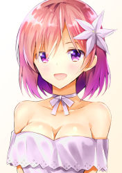 Rule 34 | 1girl, :d, absurdres, arms at sides, bare shoulders, blush, breasts, brown background, choker, cleavage, collarbone, commentary request, dress, fate/grand order, fate (series), female focus, flower, gradient background, hair flower, hair ornament, hair over one eye, happy, highres, large breasts, lavender dress, mash kyrielight, mash kyrielight (formal dress), nanakusa amane, neck, off-shoulder dress, off shoulder, official alternate costume, open mouth, pink hair, purple eyes, ribbon, ribbon choker, shiny skin, short hair, smile, solo, type-moon, upper body, white background, white choker, white flower, white ribbon