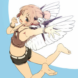 Rule 34 | 1girl, adapted costume, armpits, bare arms, bare legs, barefoot, bird wings, black eyes, black shorts, blue background, bracelet, crop top, earrings, hair ornament, jewelry, looking at viewer, mystia lorelei, one eye closed, outstretched arm, pink hair, short shorts, shorts, smile, solo, touhou, white background, wings, yudepii