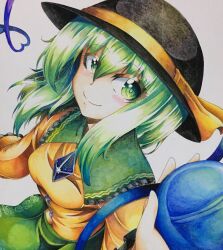 Rule 34 | 1girl, 283win, absurdres, acrylic paint (medium), black hat, closed mouth, commentary request, green eyes, green hair, green skirt, grey background, hair between eyes, hat, hat ribbon, heart, heart of string, highres, komeiji koishi, long sleeves, looking at viewer, medium hair, painting (medium), ribbon, shikishi, shirt, sidelocks, simple background, skirt, smile, solo, touhou, traditional media, upper body, yellow ribbon, yellow shirt