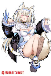 Rule 34 | 1girl, animal collar, animal ears, bandaid, bandaid hair ornament, belt, black coat, black collar, blonde hair, blue belt, blue hair, blue hairband, blue nails, breasts, claw pose, claws, cleavage, coat, collar, colored shoe soles, crop top, crossed bangs, dog ears, dog girl, dog tail, double-parted bangs, dress, fake horns, fangs, fishnet socks, fishnet thighhighs, fishnets, frills, fur-trimmed coat, fur trim, groin, hair between eyes, hair intakes, hair ornament, hairband, headphones, headphones around neck, heart, heart hands, highres, hololive, hololive english, horn hairband, horns, jumping, kneehighs, large breasts, long sleeves, looking at viewer, mococo abyssgard, mococo abyssgard (1st costume), multicolored hair, nail polish, pink eyes, puffy long sleeves, puffy sleeves, robot cat (robotcatart), shirt, shoes, signature, simple background, single thighhigh, skin fangs, smile, sneakers, socks, solo, spiked collar, spikes, streaked hair, tail, thighhighs, twitter username, two side up, virtual youtuber, white background, white dress, white footwear, x hair ornament