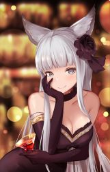 Rule 34 | 10s, 1girl, animal ears, bare shoulders, black dress, black gloves, blunt bangs, blurry, breasts, cleavage, cocktail glass, cup, depth of field, dress, drinking glass, elbow gloves, erune, flower, gloves, granblue fantasy, grey eyes, hair flower, hair ornament, hand on own cheek, hand on own face, indoors, korwa, large breasts, light particles, looking at viewer, ramuda (guilty931), silver hair, smile, solo, strapless, strapless dress, wine glass