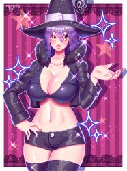 Rule 34 | 1girl, artist request, bare shoulders, black hat, black jacket, blair (soul eater), breasts, cleavage, curvy, fingernails, flipped hair, hair between eyes, hat, highres, jacket, large breasts, lips, looking at viewer, navel, purple hair, shiny skin, short shorts, shorts, skin tight, solo, soul eater, wide hips, witch, witch hat, yellow eyes
