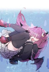 Rule 34 | 1girl, ahoge, black jacket, black thighhighs, blush, capelet, closed eyes, crescent, crescent hair ornament, drooling, falling, fang, floating hair, hair ornament, highres, horns, jacket, knees together feet apart, long hair, long sleeves, mouth drool, nijisanji, open mouth, pink hair, red footwear, shoes, smile, solo, thighhighs, utsusumi kio, virtual youtuber, wings, yuzuki roa