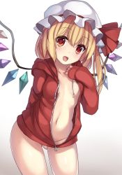 Rule 34 | 1girl, arm behind back, blonde hair, blush, bottomless, flandre scarlet, gluteal fold, hat, hat ribbon, highres, hood, hoodie, janne cherry, looking at viewer, mob cap, naked hoodie, navel, no bra, no panties, open mouth, red eyes, red ribbon, ribbon, side ponytail, simple background, smile, solo, standing, touhou, wings