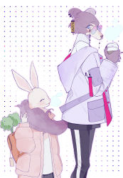 Rule 34 | 2girls, backpack, bag, beads, beastars, black nails, black shorts, blue-tinted eyewear, blue eyes, blush, breath, carrot, closed eyes, coat, copyright name, cup, disposable cup, earclip, eyewear strap, furry, furry female, glasses, grey coat, hand up, hands up, haru (beastars), height difference, holding, holding another&#039;s tail, holding cup, hood, hood down, hooded coat, juno (beastars), looking at another, looking away, looking down, multiple girls, nail polish, non porn, pants, pants under shorts, parted lips, pink-framed eyewear, pink coat, pocket, rabbit girl, round eyewear, shorts, sideways glance, smile, steam, suda-rinrinko, sweater, tail, tail wrap, tinted eyewear, track pants, turtleneck, white background, white sweater, winter clothes, wolf girl