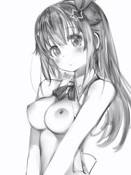 Rule 34 | 1girl, bad id, bad twitter id, blush, breasts, breasts squeezed together, closed mouth, detached collar, greyscale, hair ornament, head tilt, highres, hololive, long hair, looking at viewer, medium breasts, monochrome, nanashi (nlo), nipples, nude, simple background, solo, star (symbol), star hair ornament, tokino sora, upper body, virtual youtuber, white background