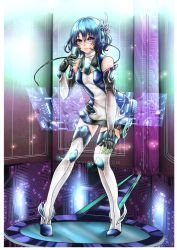 Rule 34 | 1girl, alpha (acerailgun), android, bare shoulders, blue hair, boots, border, borrowed character, breasts, elbow gloves, female focus, full body, gloves, headset, holographic interface, original, pink eyes, shrimp hebu, solo, thigh boots, thighhighs, white border