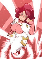 Rule 34 | 1girl, adjusting eyewear, big hair, black hair, breasts, buttons, chawalit adsawawalanon, closed mouth, creatures (company), full body, game freak, glasses, green eyes, highres, large breasts, light particles, long sleeves, looking at viewer, nintendo, pink-framed eyewear, pink sweater, pokemon, pokemon sm, short hair, skirt, sleeves past wrists, smile, solo, sweater, turtleneck, turtleneck sweater, white skirt, wicke (pokemon)