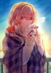 Rule 34 | 1girl, 2021, animal print, blonde hair, blue sky, blush, bow, cow print, cup, grey scarf, hair between eyes, hair bow, hands up, harecaba, holding, holding cup, licking lips, light smile, long hair, looking at viewer, looking to the side, original, outdoors, pink eyes, plaid, plaid scarf, print cup, railing, red bow, scarf, sidelocks, sky, sleeves past wrists, solo, steam, sweater, tongue, tongue out, turtleneck, turtleneck sweater, upper body, white sweater, yellow sky