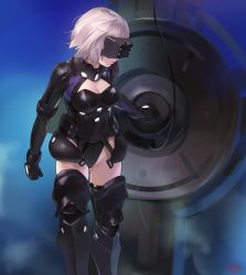 Rule 34 | 1girl, absurdres, armor, black armor, black leotard, black thighhighs, blue background, boots, breasts, covered eyes, fate/grand order, fate (series), gloves, gorget, head-mounted display, highres, leotard, looking to the side, mash kyrielight, mash kyrielight (ortenaus), medium breasts, pink hair, shield, short hair, solo, standing, thighhighs, yd (orange maru)