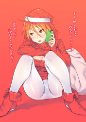 Rule 34 | 10s, 1girl, alternate costume, amagi brilliant park, blonde hair, blush, boots, breasts, bubuzuke, cellphone, christmas, cleavage, cleavage cutout, clothing cutout, crotch, fang, gradient hair, hat, medium breasts, meme attire, multicolored hair, open-chest sweater, open mouth, pantyhose, phone, red eyes, red hair, ribbed sweater, sack, salama (amaburi), santa hat, short hair, simple background, sitting, solo, sweater, thighs, translation request, turtleneck, two-tone hair, white pantyhose