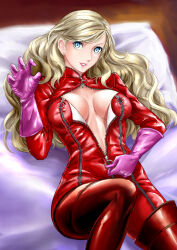 Rule 34 | 1girl, albyee, blonde hair, blue eyes, bodysuit, breasts, claw pose, commentary, commission, english commentary, gloves, hair down, hair ornament, hairclip, hand up, long hair, lying, medium breasts, on back, parted lips, persona, persona 5, pink gloves, red bodysuit, simple background, solo, takamaki anne, unzipping, wavy hair, white background, zipper, zipper pull tab