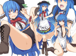 Rule 34 | 1girl, apron, ass, black headwear, black panties, blouse, blue hair, blue skirt, blush, bow, breasts, brown footwear, cross-laced footwear, dress, frills, hat, hinanawi tenshi, holding, holding sword, holding weapon, long hair, looking at viewer, multiple views, neck ribbon, no bra, no panties, panties, puffy short sleeves, puffy sleeves, red bow, red eyes, ribbon, sexually suggestive, shirt, shiseki hirame, shoes, short sleeves, simple background, skirt, small breasts, spread legs, sword, tongue, tongue out, touhou, underwear, very long hair, weapon, white background, white shirt