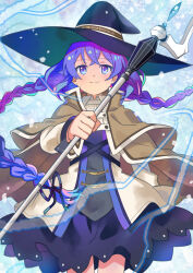 Rule 34 | 1girl, blue eyes, blue hair, braid, brown cloak, capelet, cloak, closed mouth, collar, crystal, feet out of frame, flat chest, grey shirt, hair between eyes, hat, highres, holding, holding staff, jacket, looking at viewer, mage staff, mushoku tensei, purple skirt, roxy migurdia, shatiko, shirt, skirt, smile, solo, staff, twin braids, white capelet, white collar, white jacket, witch hat