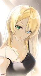 Rule 34 | 1girl, arms at sides, ayase eli, backlighting, bad id, bad twitter id, bare arms, bare shoulders, black tank top, blonde hair, blue eyes, blurry, blurry background, breasts, cleavage, close-up, collarbone, expressionless, eyelashes, gradient background, green eyes, grey background, hair over one eye, head tilt, heterochromia, light particles, light rays, long hair, looking at viewer, love live!, love live! school idol project, medium breasts, parted lips, signature, simple background, solo, straight hair, sunlight, tank top, upper body, white background, zawawa (satoukibi1108)