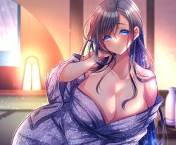 Rule 34 | 1girl, adjusting hair, aizawa chihiro, black hair, blue eyes, blue hair, blurry, blurry background, blush, breasts, bright pupils, cleavage, floral print, gradient hair, huge breasts, indoors, japanese clothes, kimono, lamp, loose clothes, multicolored hair, original, parted lips, sparkle, teeth