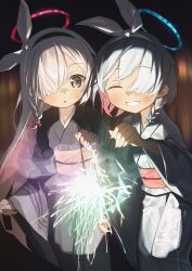 Rule 34 | 2girls, absurdres, arona (blue archive), black kimono, blue archive, blue halo, blush, closed eyes, colored inner hair, fireworks, grey eyes, grey hair, grin, hair over one eye, halo, highres, holding, holding fireworks, japanese clothes, kimono, long hair, long sleeves, multicolored hair, multiple girls, nnmbpx, obi, pink hair, plana (blue archive), red halo, sash, smile, wide sleeves